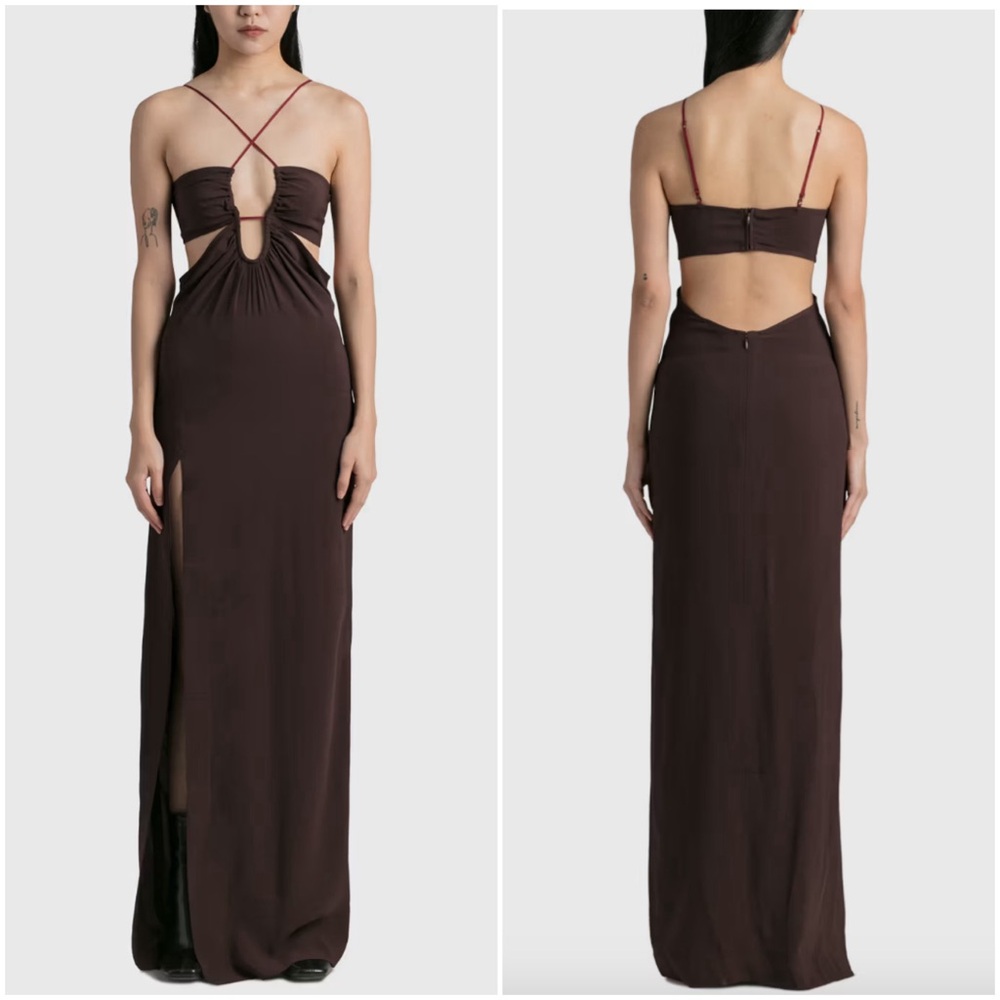 NWT Nensi Dojaka Key Hole Front Cut Out Stretch Viscose Maxi Dress Brown S/M